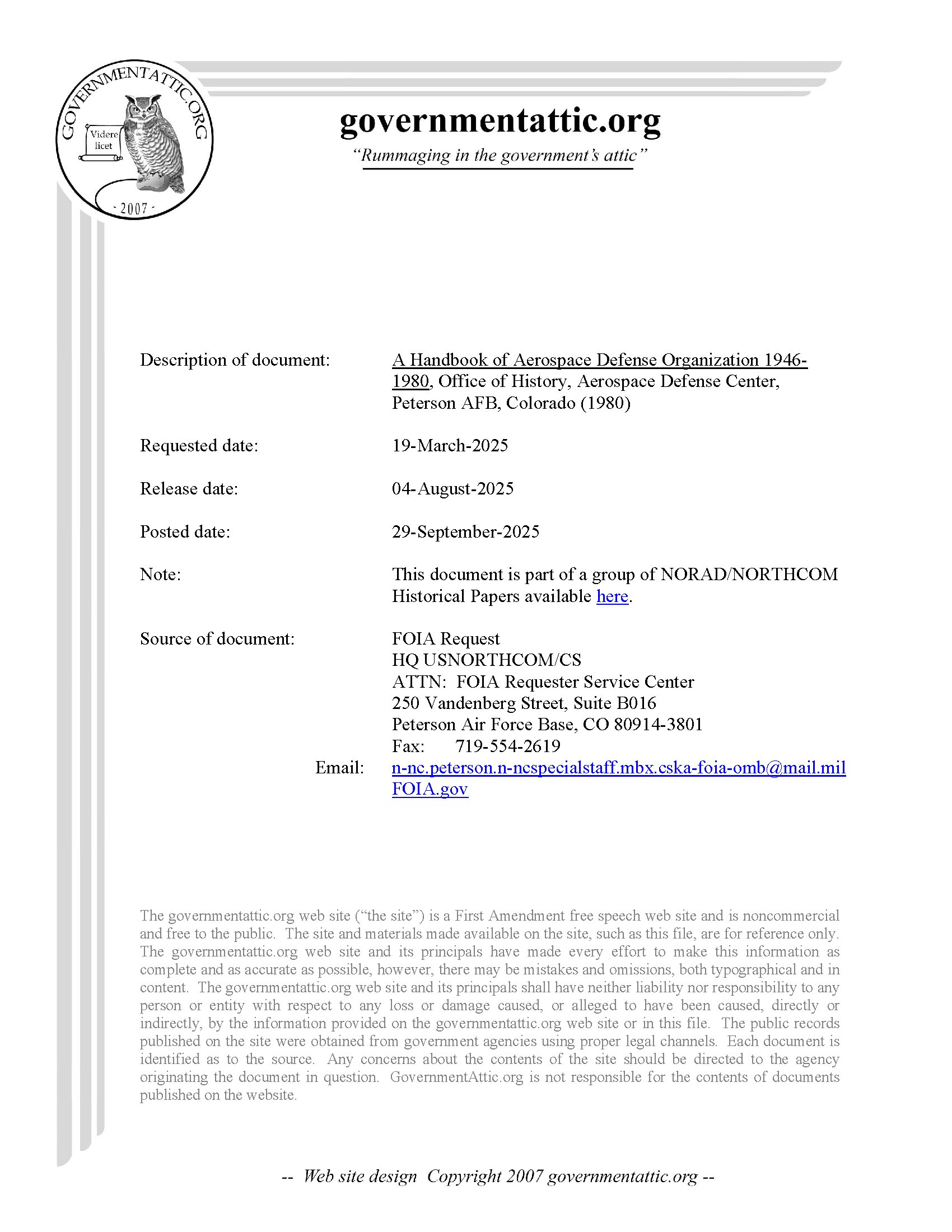 A Handbook of Aerospace Defense Organization 1946-1980 - first page