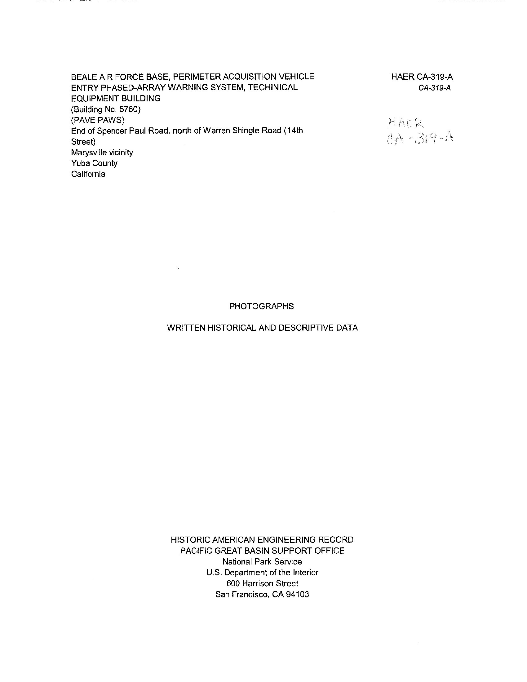 HAER No. CA-319-A: PAVE PAWS Technical Equipment Building - first page