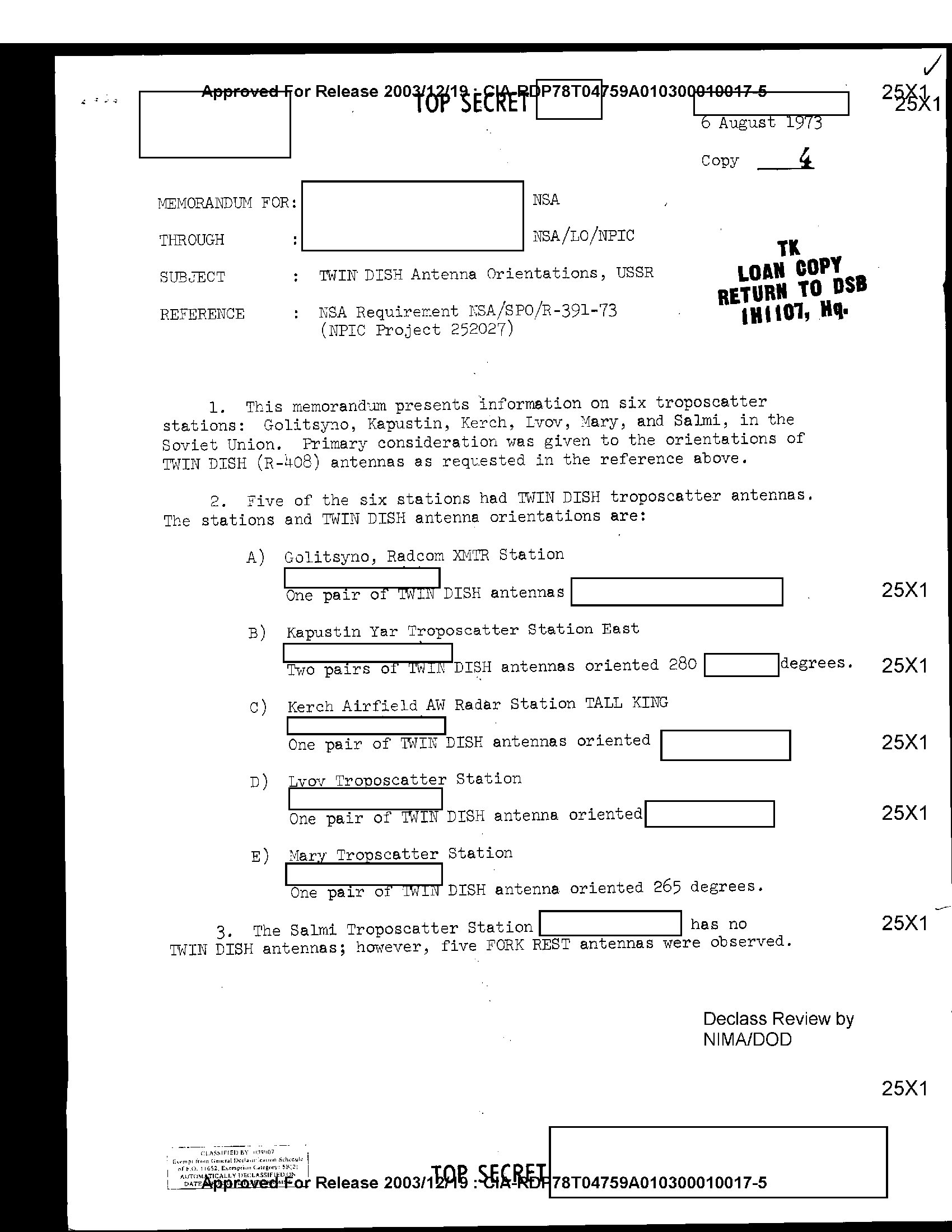 TWIN DISH Antenna Orientations, USSR (NPIC memorandum for NSA, 6 August 1973) - first page