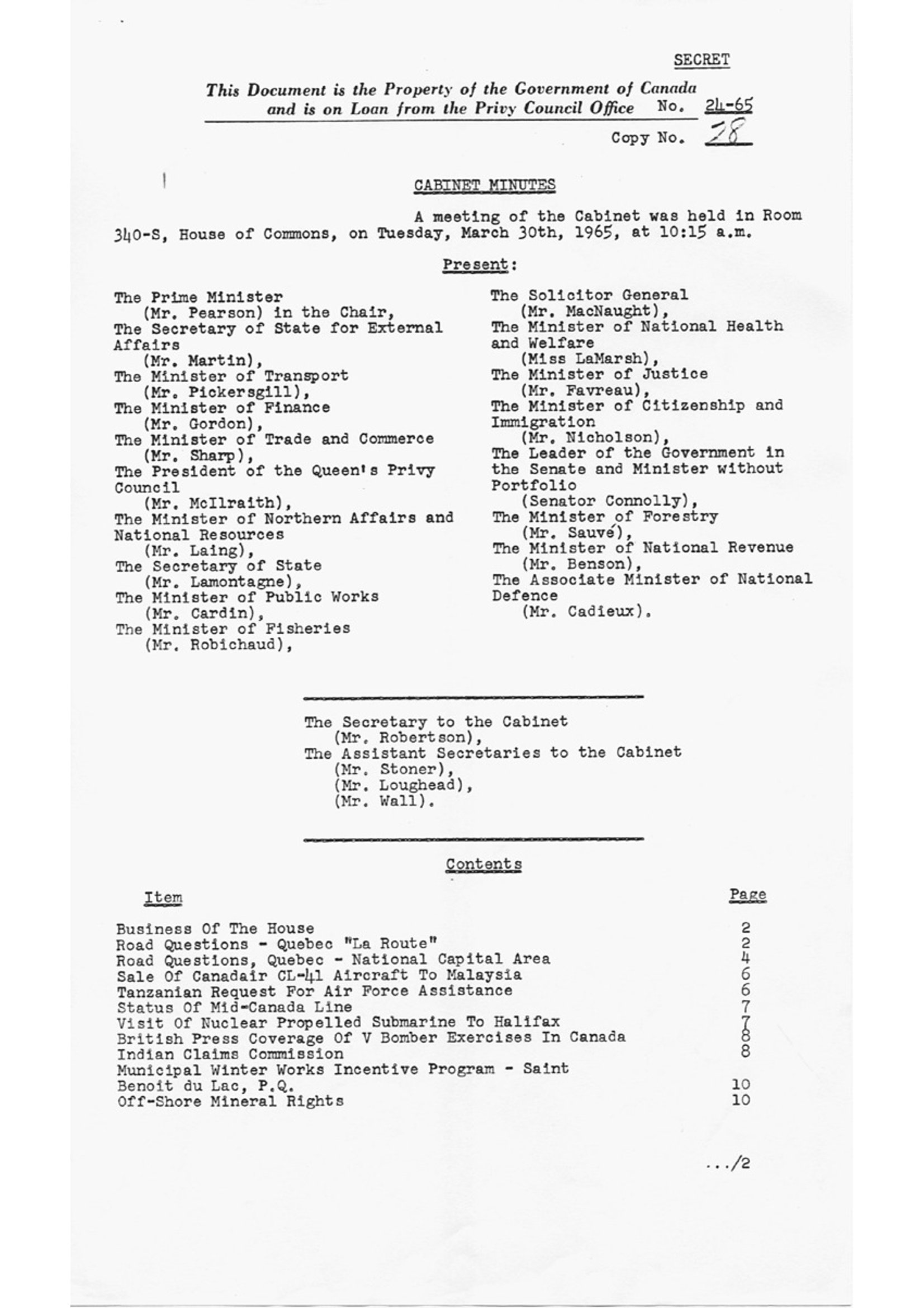 Cabinet Conclusions on the Mid-Canada Line (1965) - first page