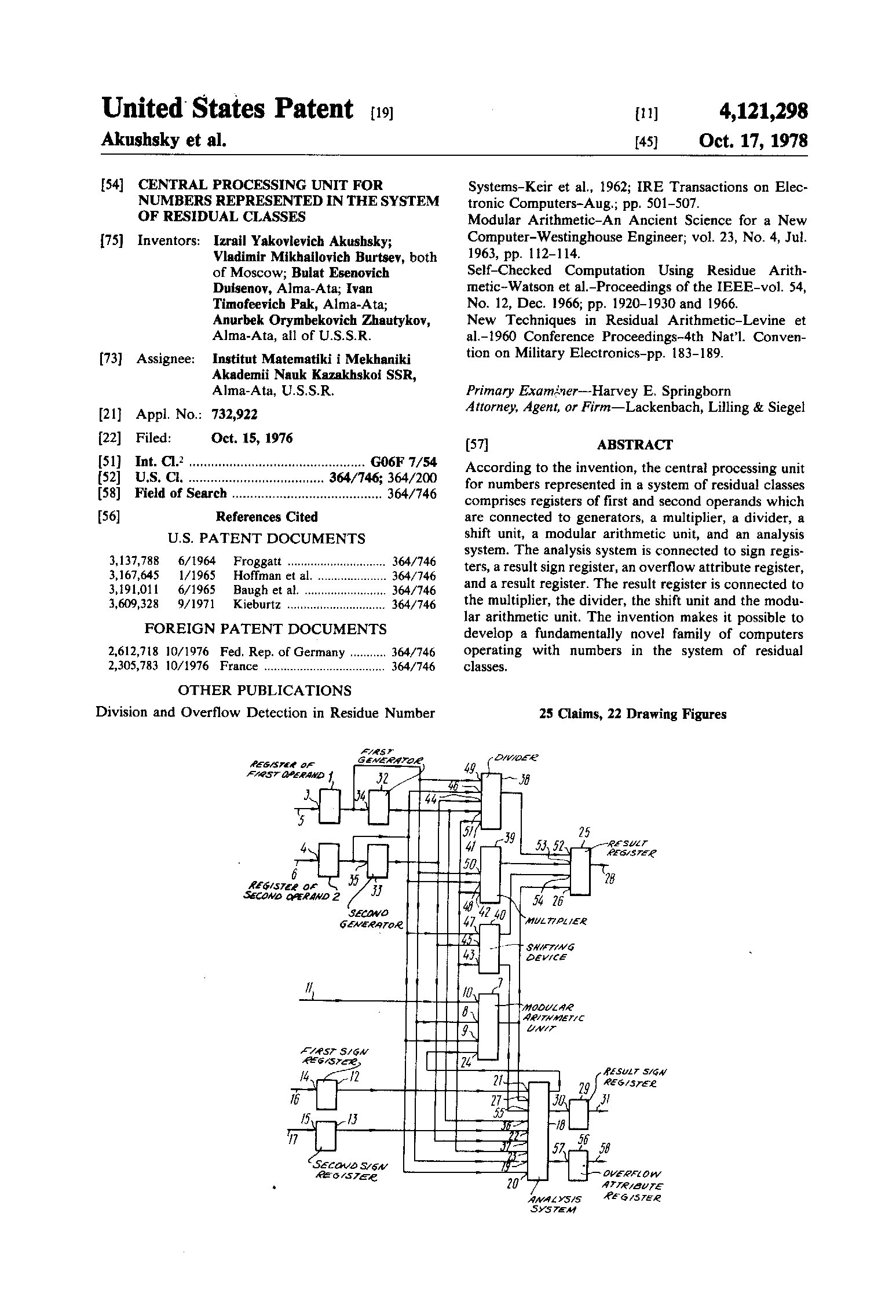 US Patent 4,121,298: Central Processing Unit for Numbers Represented in the System of Residual Classes - first page