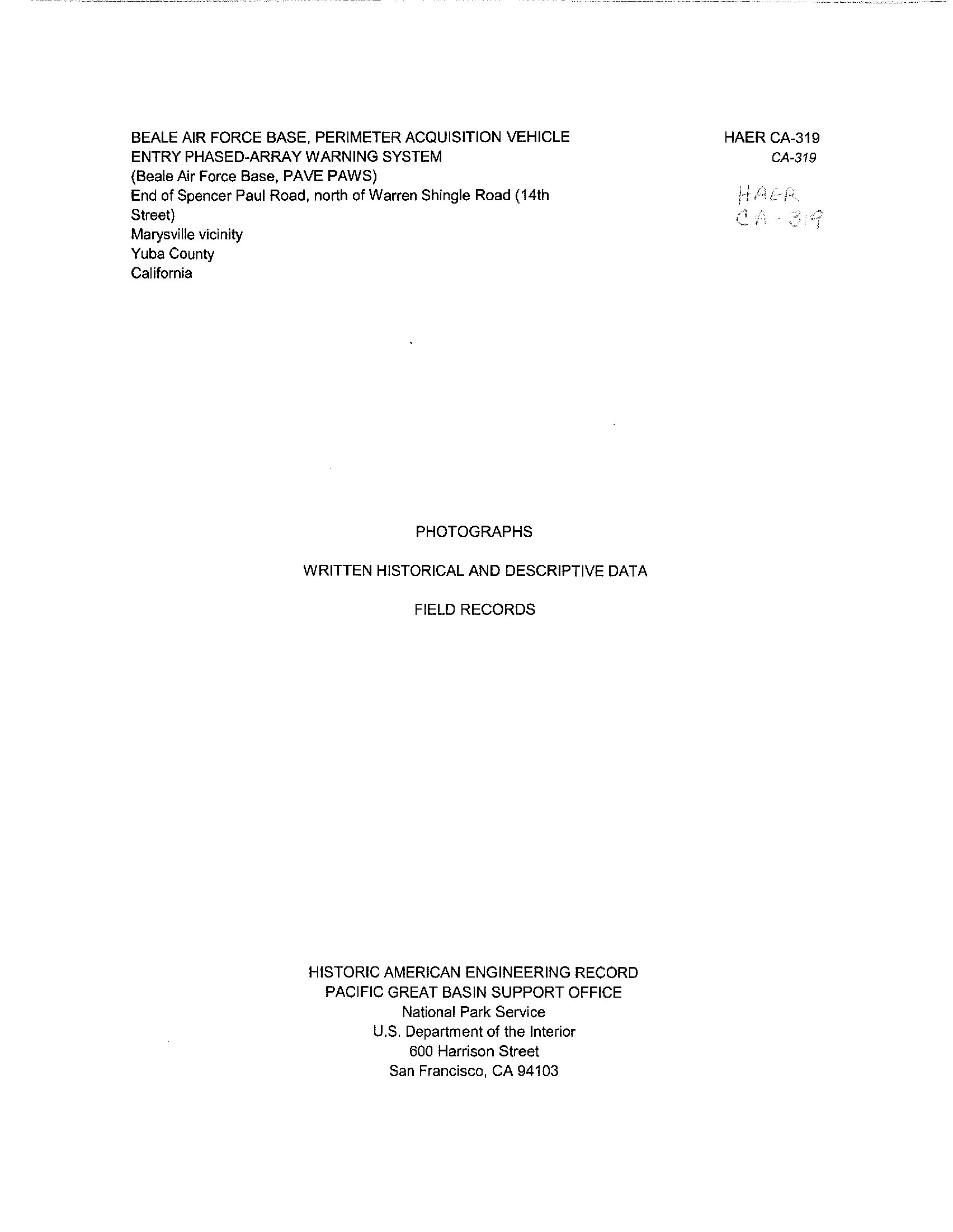 HAER No. CA-319: Beale AFB PAVE PAWS Written Report - first page