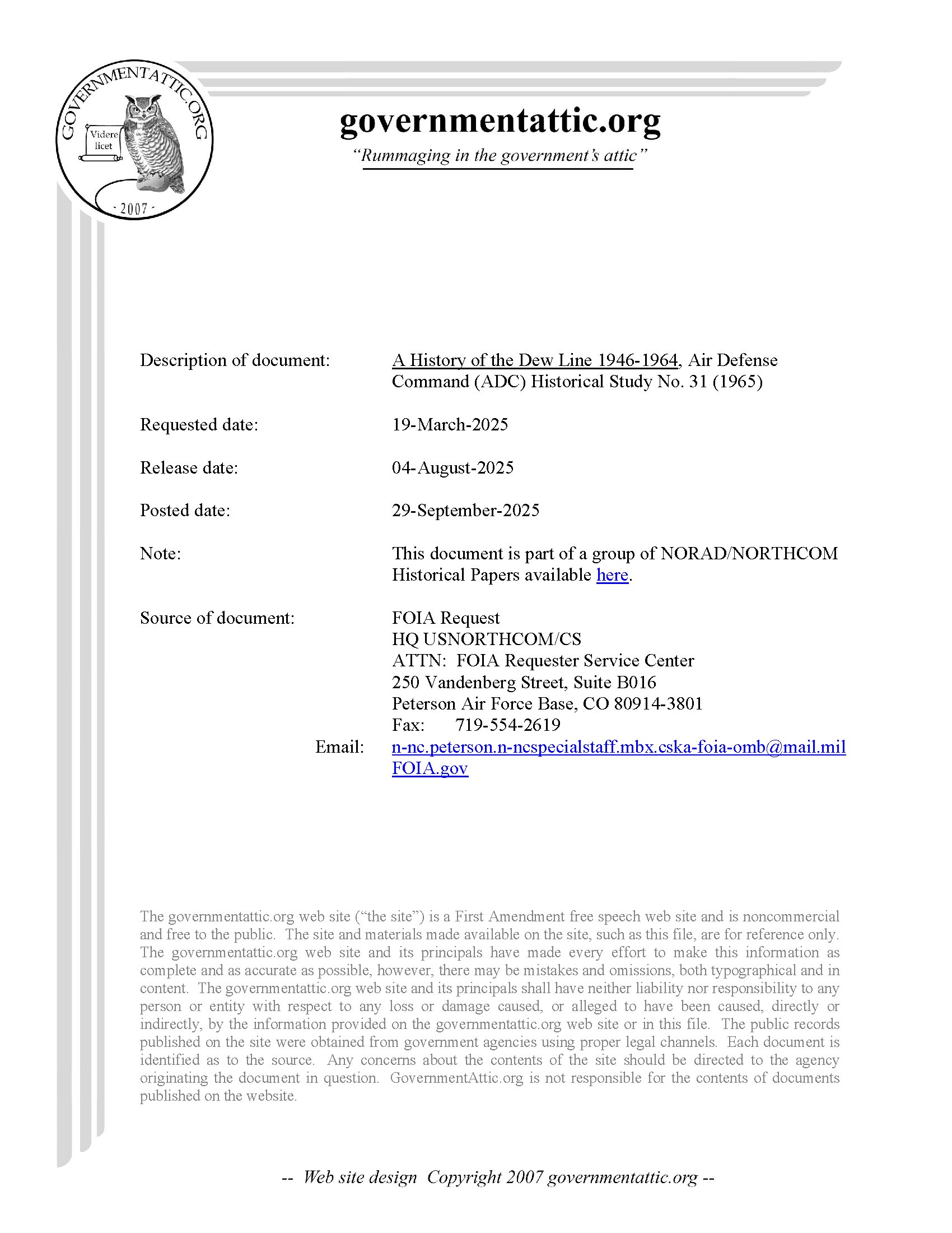 A History of the DEW Line, 1946-1964 (ADC Historical Study No. 31) - first page