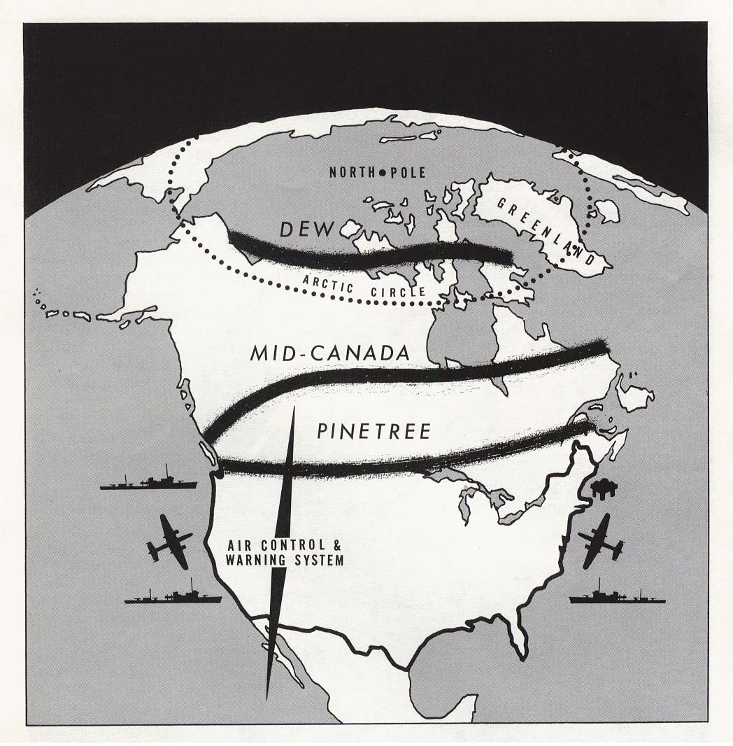 A 1960 schematic map of North America centred near the pole showing three curved warning lines labelled DEW across the Arctic, Mid-Canada, and Pinetree, with the Air Control and Warning System and offshore picket ships to the south.